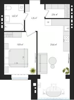 1-к квартира, строящийся дом, 45м2, 3/4 этаж