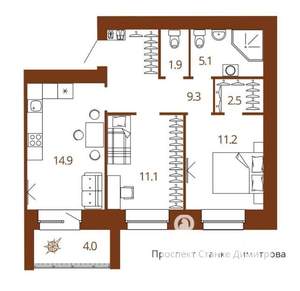 2-к квартира, вторичка, 58м2, 2/14 этаж