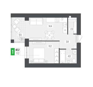 1-к квартира, вторичка, 42м2, 4/9 этаж