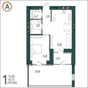 1-к квартира, вторичка, 50м2, 1/9 этаж