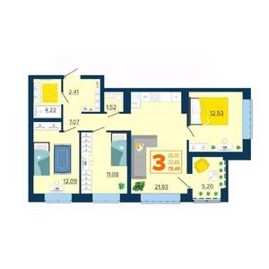 3-к квартира, вторичка, 75м2, 1/16 этаж