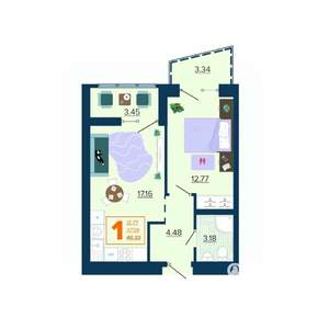 1-к квартира, вторичка, 40м2, 9/16 этаж