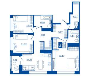 3-к квартира, вторичка, 93м2, 14/17 этаж