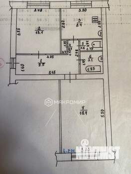2-к квартира, вторичка, 55м2, 1/3 этаж