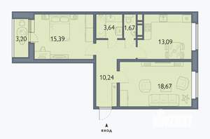 2-к квартира, сданный дом, 64м2, 15/16 этаж
