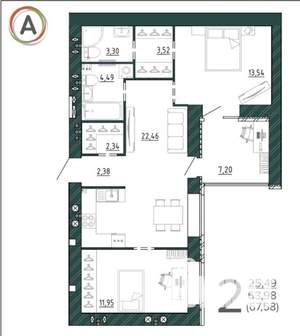 2-к квартира, сданный дом, 68м2, 8/9 этаж