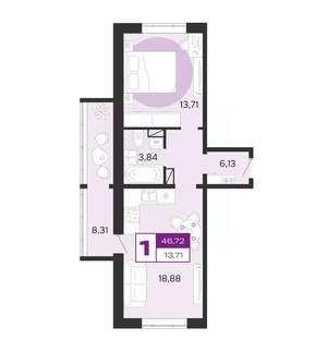 1-к квартира, вторичка, 47м2, 6/8 этаж