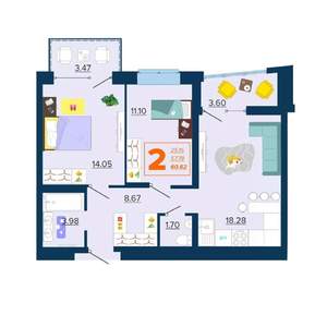 2-к квартира, вторичка, 61м2, 14/16 этаж