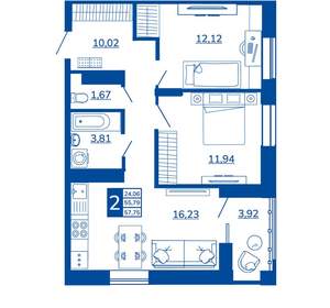 2-к квартира, вторичка, 57м2, 8/17 этаж