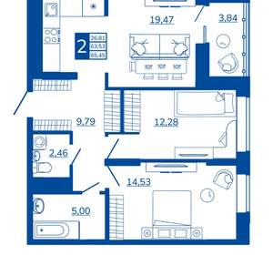 2-к квартира, вторичка, 65м2, 6/17 этаж