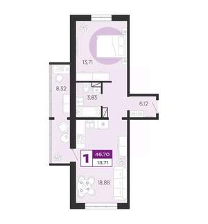 1-к квартира, вторичка, 47м2, 2/10 этаж