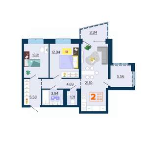 2-к квартира, вторичка, 63м2, 13/16 этаж