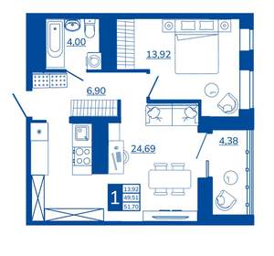 1-к квартира, вторичка, 51м2, 17/17 этаж