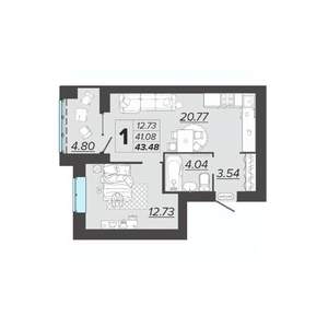1-к квартира, вторичка, 43м2, 3/9 этаж