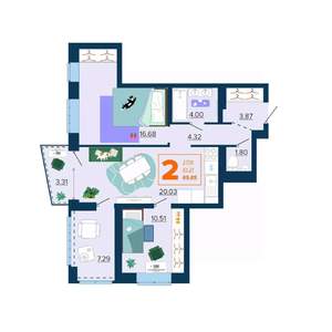2-к квартира, вторичка, 66м2, 11/16 этаж