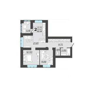 2-к квартира, вторичка, 62м2, 7/9 этаж
