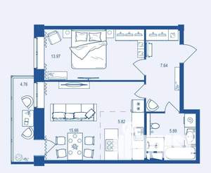 1-к квартира, сданный дом, 54м2, 2/16 этаж