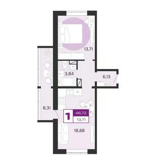 1-к квартира, вторичка, 47м2, 1/8 этаж