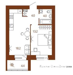 1-к квартира, вторичка, 42м2, 5/9 этаж