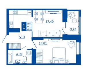 1-к квартира, вторичка, 42м2, 7/17 этаж