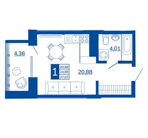 1-к квартира, вторичка, 27м2, 3/17 этаж