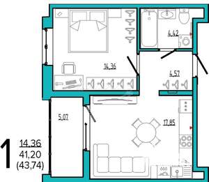 1-к квартира, вторичка, 44м2, 16/17 этаж