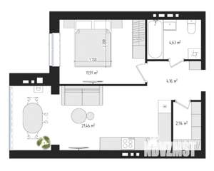 1-к квартира, сданный дом, 44м2, 3/4 этаж