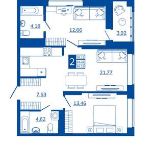 2-к квартира, вторичка, 66м2, 16/17 этаж