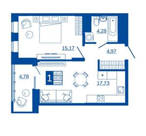 1-к квартира, вторичка, 44м2, 12/17 этаж