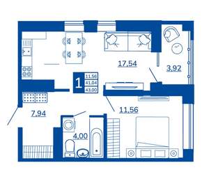1-к квартира, вторичка, 43м2, 8/17 этаж
