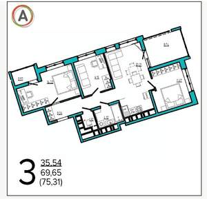 3-к квартира, вторичка, 75м2, 4/16 этаж