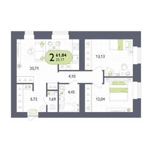 2-к квартира, вторичка, 62м2, 1/14 этаж