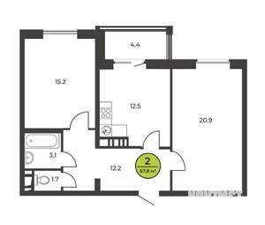 2-к квартира, сданный дом, 67м2, 2/16 этаж