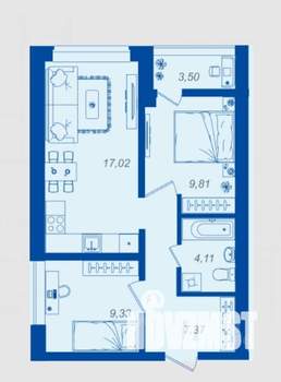 2-к квартира, вторичка, 49м2, 7/17 этаж