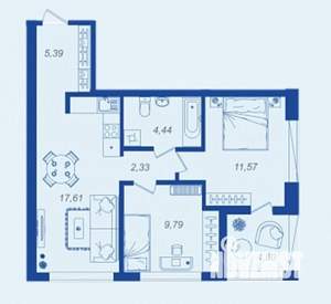 2-к квартира, вторичка, 54м2, 1/17 этаж