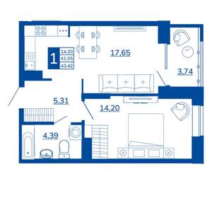 1-к квартира, вторичка, 43м2, 3/17 этаж