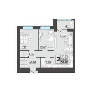 2-к квартира, вторичка, 59м2, 7/9 этаж