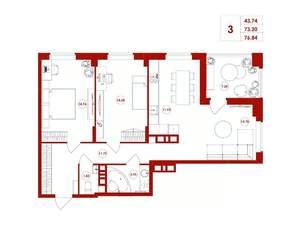 3-к квартира, сданный дом, 77м2, 11/16 этаж
