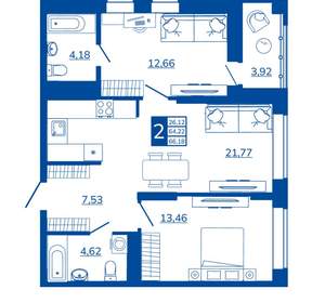 2-к квартира, вторичка, 66м2, 6/17 этаж