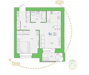 1-к квартира, сданный дом, 42м2, 3/9 этаж