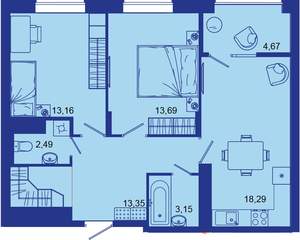 2-к квартира, вторичка, 69м2, 13/16 этаж
