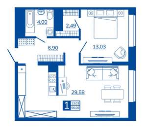 1-к квартира, вторичка, 56м2, 2/17 этаж