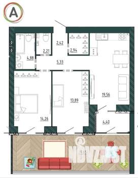 2-к квартира, сданный дом, 77м2, 1/9 этаж