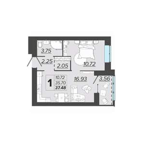 1-к квартира, вторичка, 37м2, 6/9 этаж