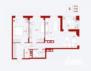 3-к квартира, сданный дом, 77м2, 10/16 этаж