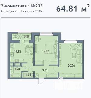 2-к квартира, вторичка, 65м2, 6/16 этаж