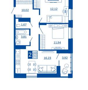 2-к квартира, вторичка, 57м2, 6/17 этаж