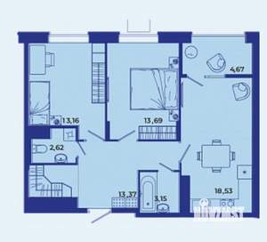 2-к квартира, сданный дом, 69м2, 13/16 этаж
