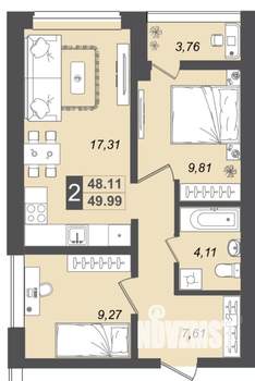 2-к квартира, вторичка, 50м2, 1/17 этаж