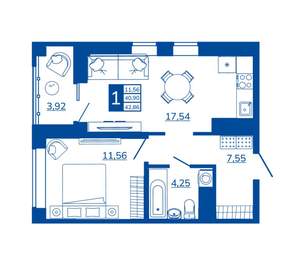 1-к квартира, вторичка, 42м2, 9/17 этаж